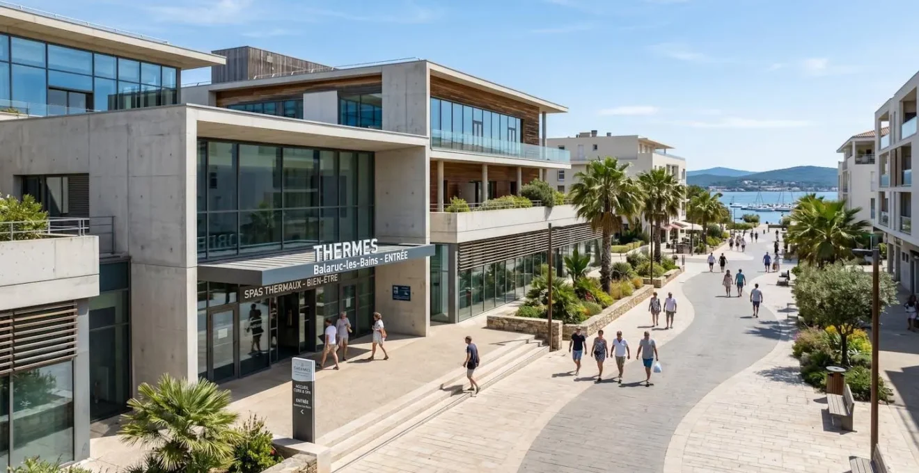 Vue en perspective de l'avenue menant à l'établissement thermal de Balaruc-les-Bains avec son architecture contemporaine et ses panneaux directionnels