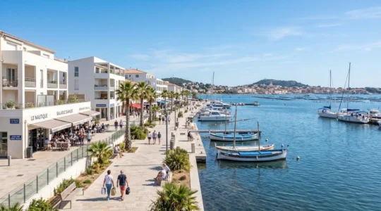 Vue panoramique contemporaine du front de mer de Balaruc-les-Bains avec l'étang de Thau sous un ciel lumineux méditerranéen