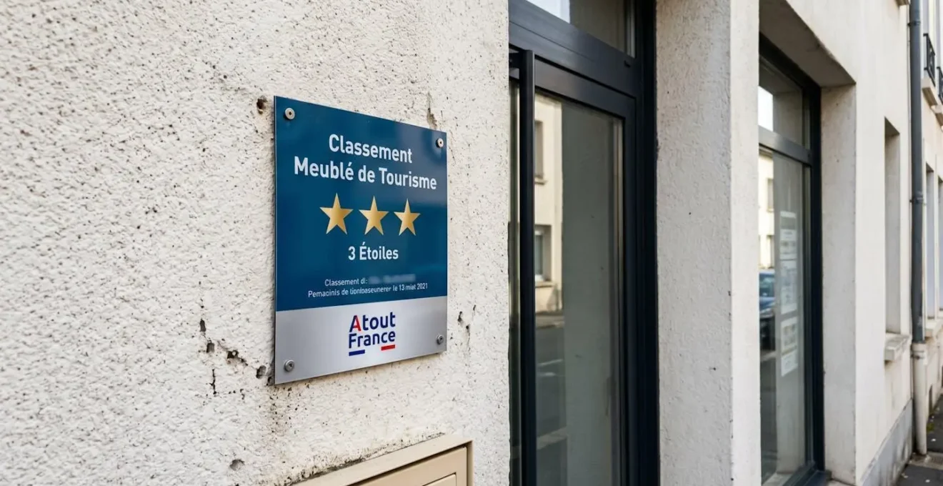 Gros plan sur une plaque métallique de classement Atout France fixée sur un mur extérieur affichant trois étoiles dorées