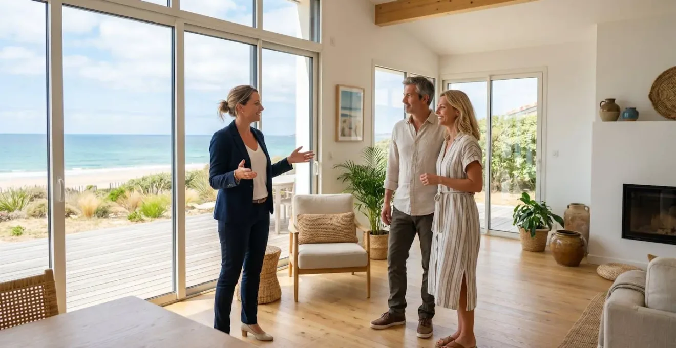 Agent immobilier et couple d'acheteurs visitant une maison lumineuse proche de la mer en Vendée