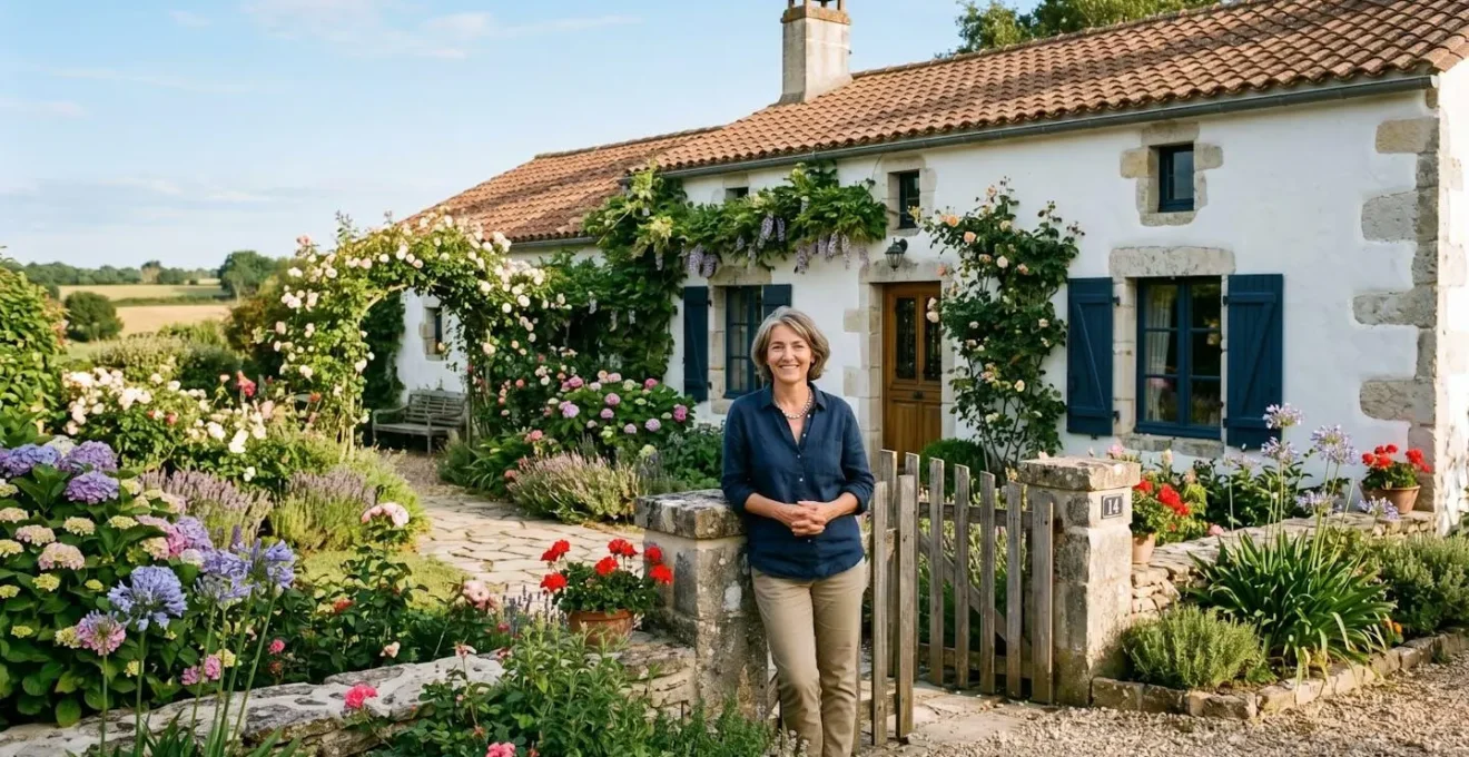 Propriétaire devant sa maison à vendre en Vendée, façade blanche avec jardin fleuri en plein soleil