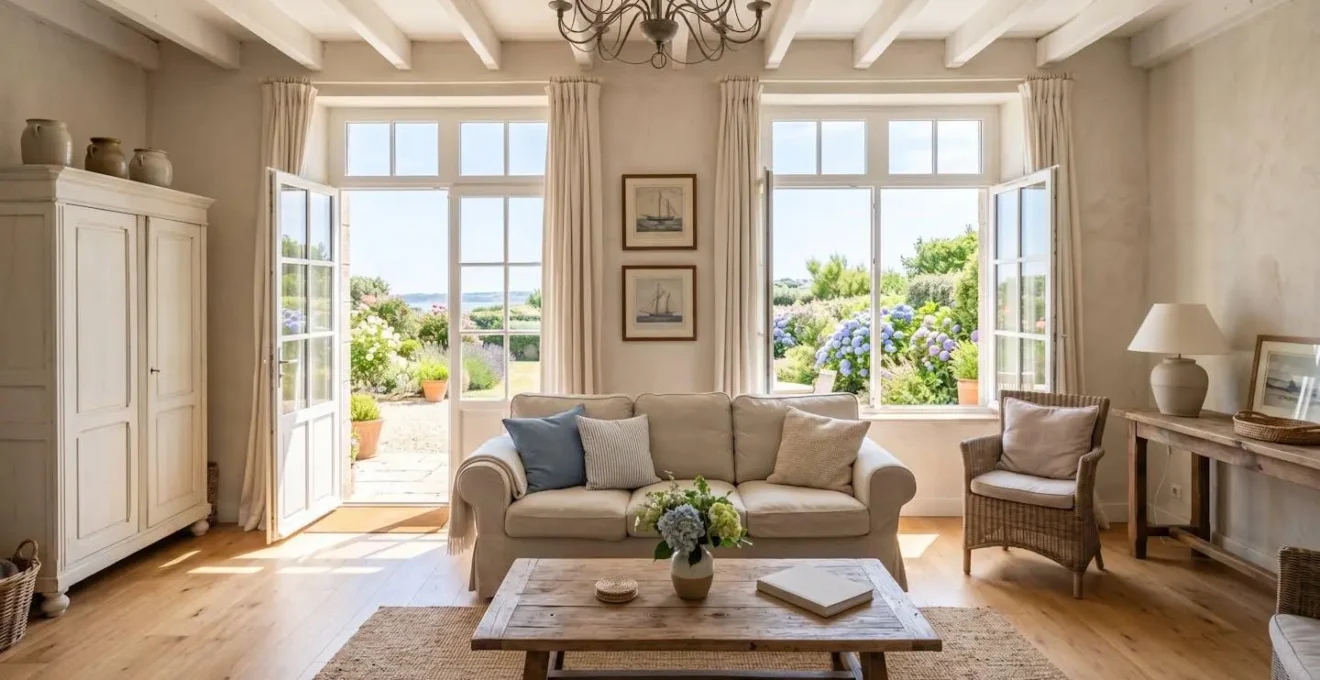 Salon lumineux d'une maison vendéenne après home staging, canapé clair, grandes fenêtres ouvertes sur jardin