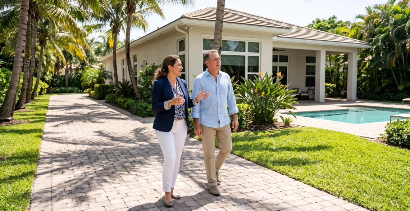 Un agent immobilier accompagne un client vers une maison à Miami.