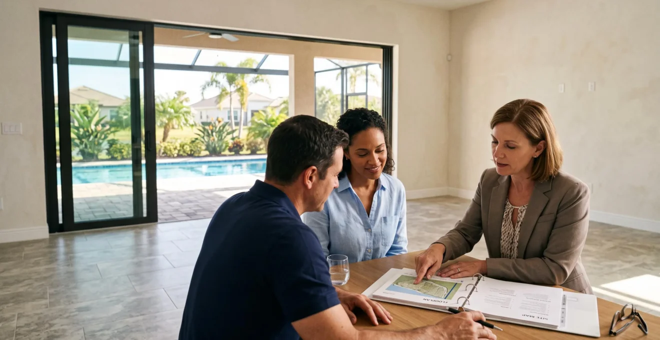 Un couple examine des documents avec un agent dans une maison à Miami.