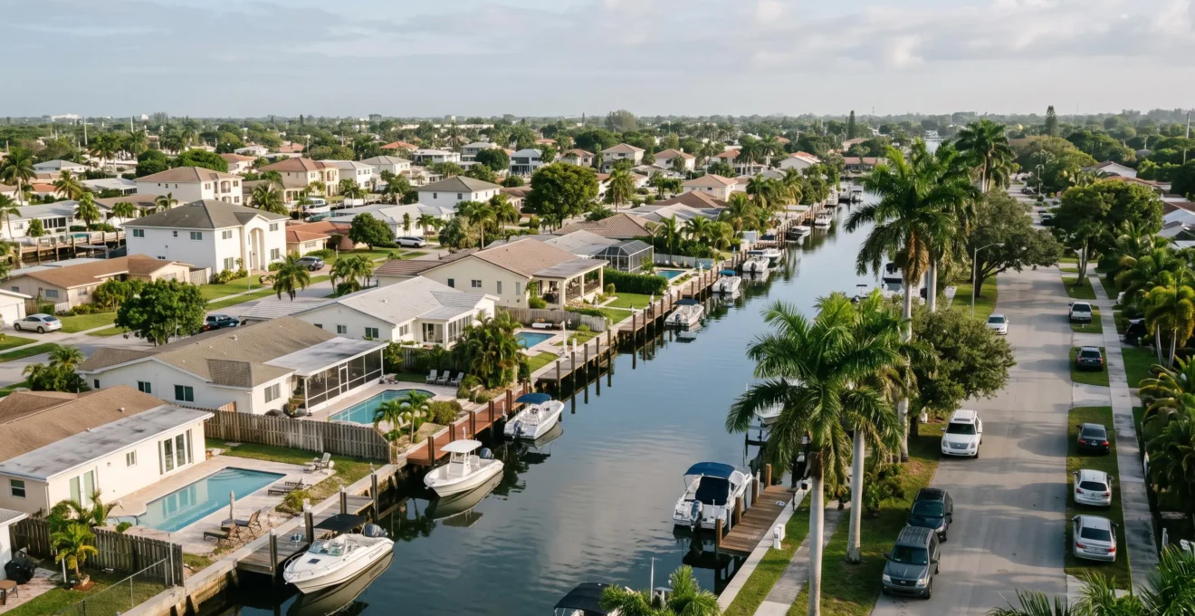 Quartier résidentiel de Miami avec maisons en bord de canal et pontons.