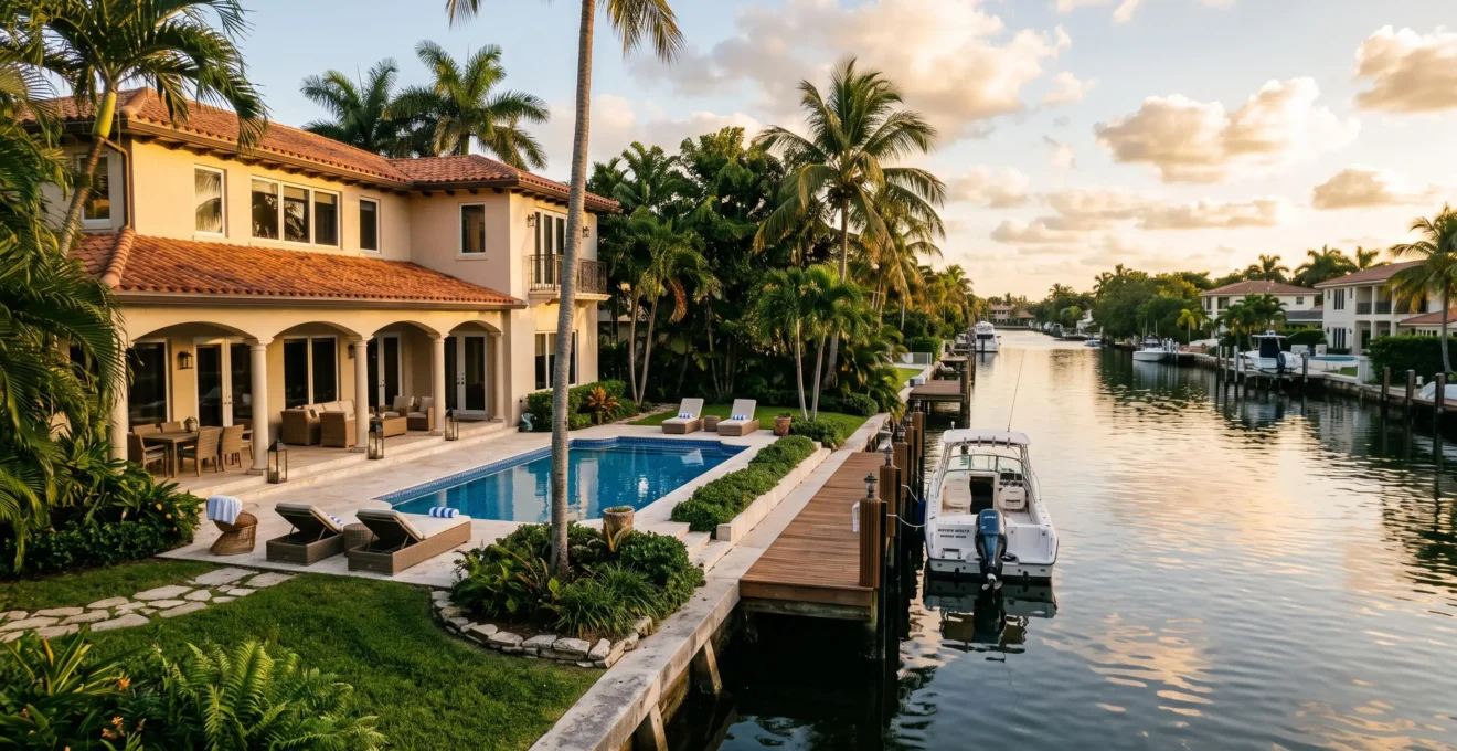 Villa avec piscine et accès canal à Miami en fin de journée.