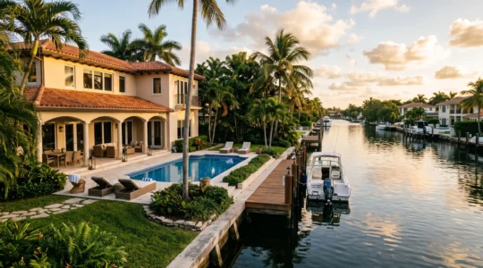 Villa avec piscine et accès canal à Miami en fin de journée.